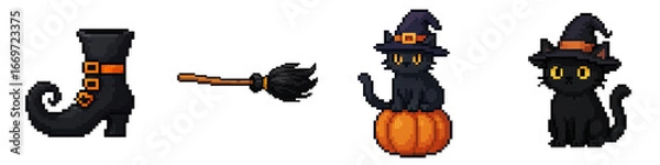 Fototapeta Halloween pixel art witch boot broom cat pumpkin spooky magic retro