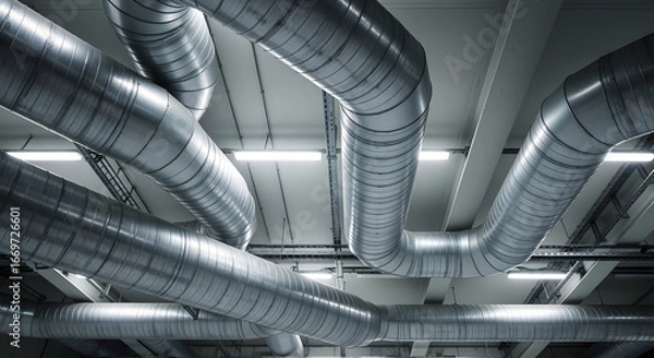 Fototapeta Industrial ventilation system with silver metal ducts installed on ceiling for air flow