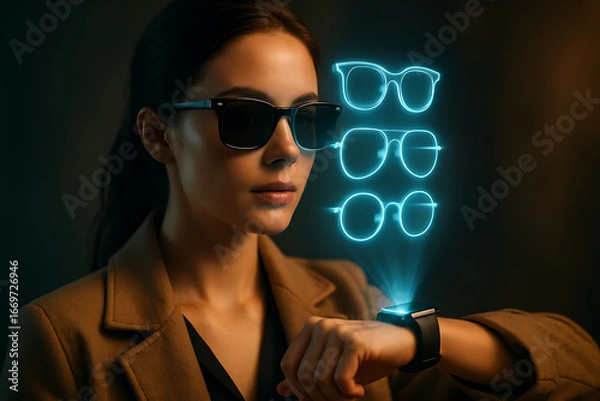 Fototapeta Woman Trying on Virtual Glasses with a Holographic Display from Her Smartwatch