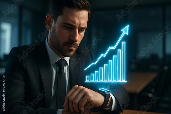 Fototapeta Businessman Checking a Holographic Bar Graph of Financial Growth on His Smartwatch