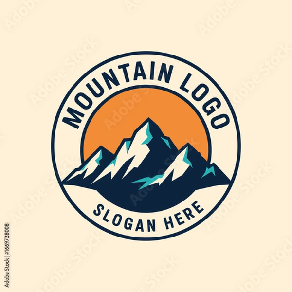 Obraz Mountain logo design featuring snowy peaks against an orange sun, encircled by a dark blue border with text.