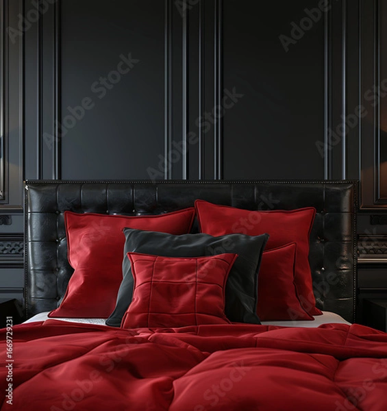 Fototapeta Red bedding and pillows on a dark bed in a luxurious bedroom.
