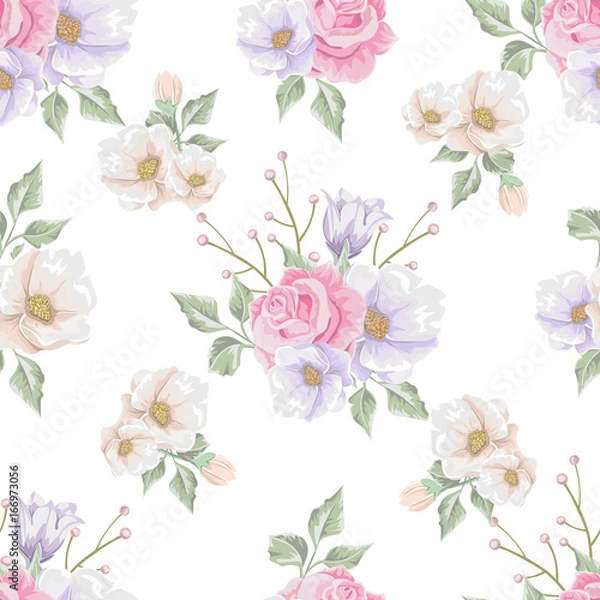 Obraz Floral seamless pattern with soft pink  bouquets of flowers.  Vector hand drawn background.