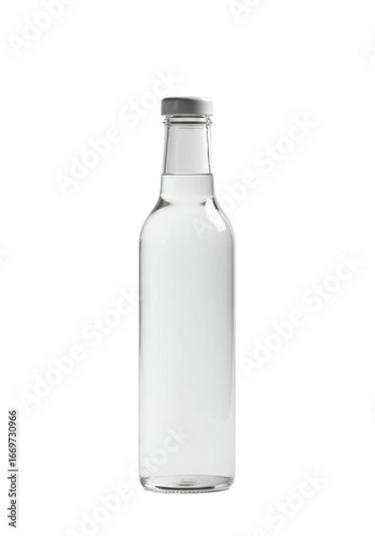 Fototapeta A solitary, tall clear glass bottle with a pure translucent liquid and a white screw cap, set against a seamless minimalist white background with subtle bokeh, representing essential wellness concept