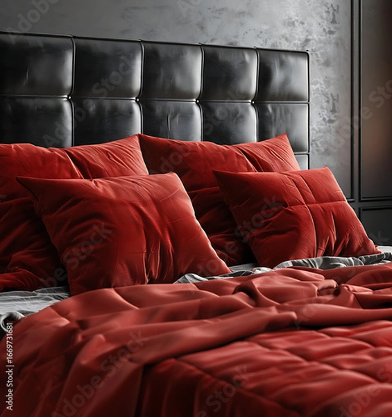 Fototapeta Luxurious bed with plush red velvet bedding and a black tufted leather headboard in a modern, moody bedroom.