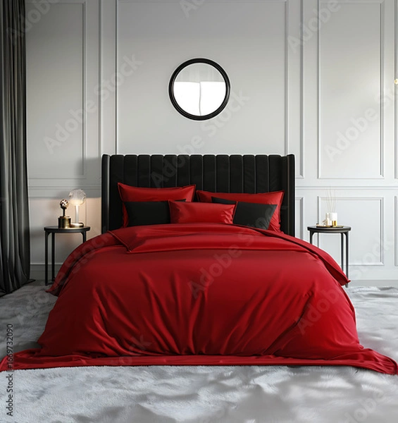Fototapeta Luxurious red bedding set with a plush headboard and elegant decor in a modern bedroom.