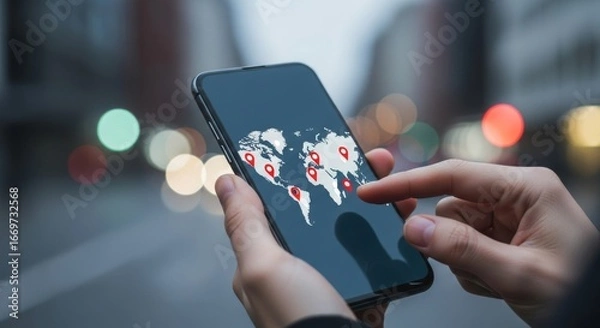 Fototapeta Using a mobile phone to check global locations on a map