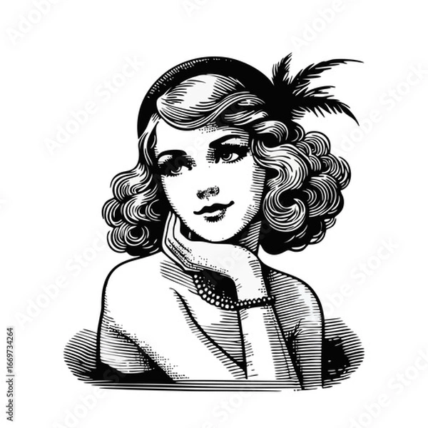 Fototapeta Elegant retro woman portrait in woodcut engraving style, featuring a feather hat, pearl necklace, and curly hair.