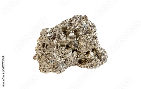 Fototapeta A glistening pyrite gemstone with a cubic shape, showcasing a metallic golden hue and sharp edges. Ideal for decorative items with striking brilliance.