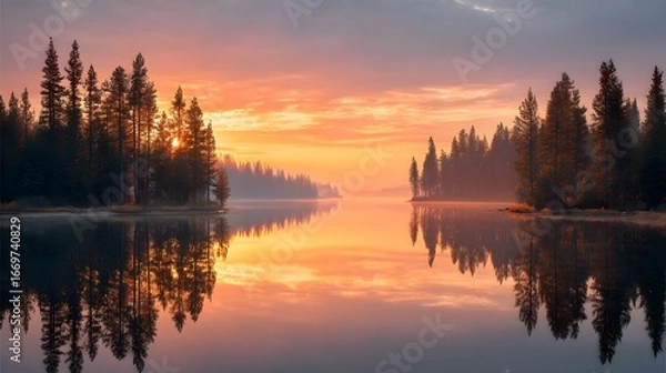 Fototapeta A golden sunset over a serene lake surrounded by dense pine forests