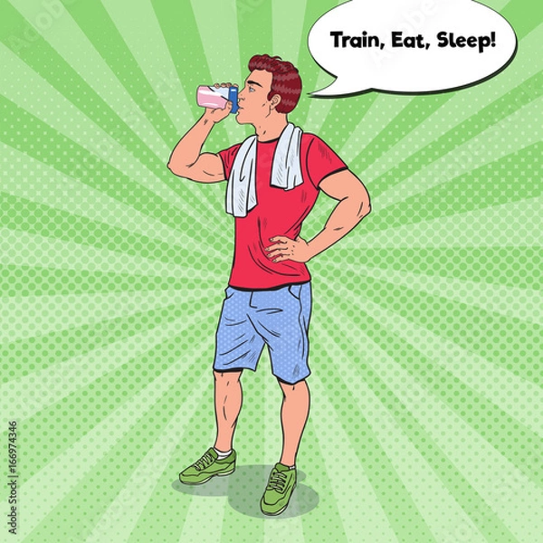 Obraz Pop Art Bodybuilder Drinking Protein Shake. Nutrition Supplements. Vector illustration