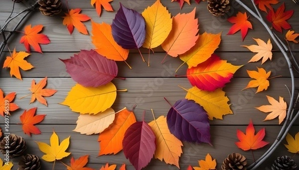 Fototapeta Autumn Leaves Wreath with Colorful Foliage and Pine Cones on Wooden Background