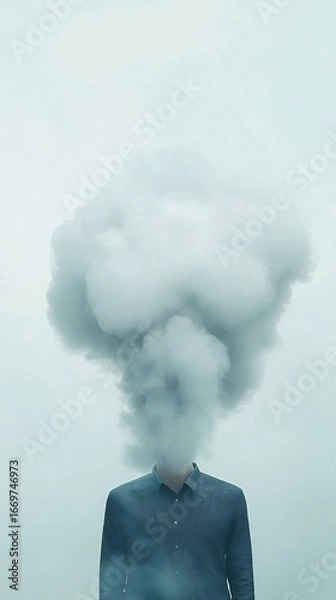Obraz Business professional standing motionless, smoke billowing where head should be, symbolizing workplace mental strain and emotional exhaustion