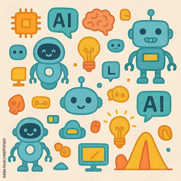 Fototapeta set of funny cartoon Ai robot characters