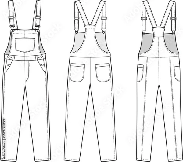 Fototapeta Technical flat fashion sketch of denim dungaree pants with adjustable straps, pockets, belt loops, casual overalls clothing design vector illustration template.