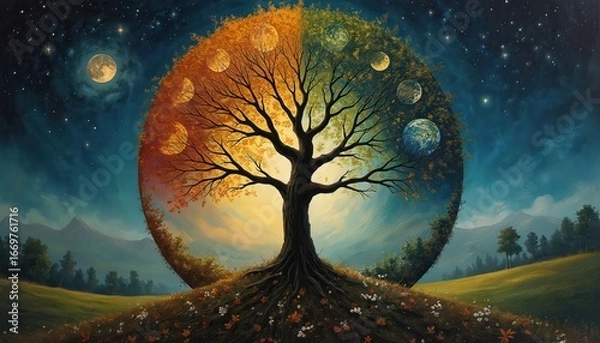 Obraz Wheel of Year illustration nature continuous cycle, spiritual representation of paganism, Wicca. Artwork features striking chiaroscuro contrast, showing distinct seasonal changes across circular