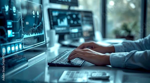 Obraz Digital Marketing Strategy. single marketing professional is working at a clean, well-organized desk, surrounded by glowing holographic screens displaying, SEO analytics, and digital ad campaigns