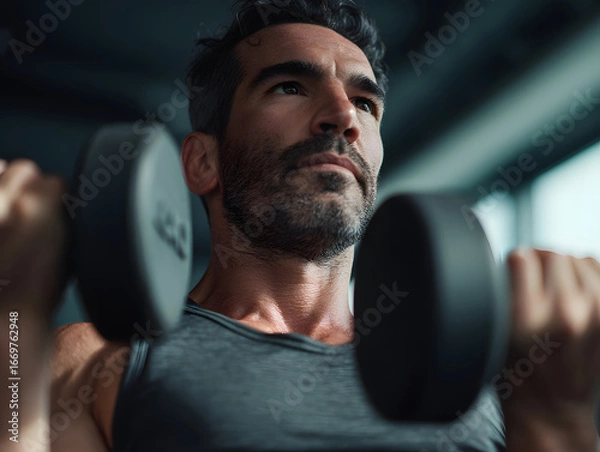 Obraz young man lifting weights