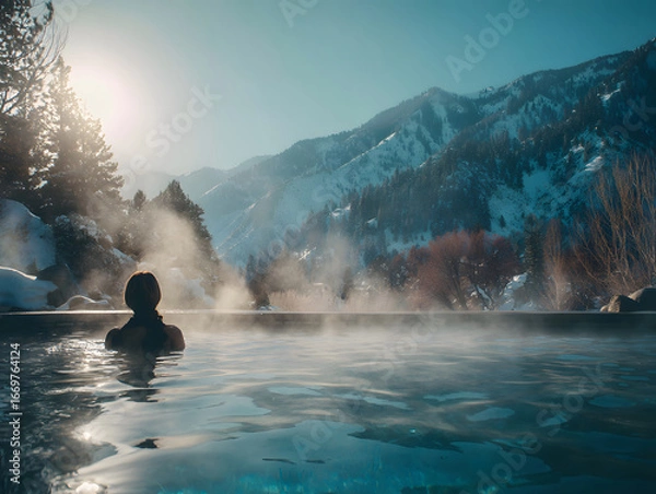 Obraz A person relaxing in an outdoor hot spring surrounded by snowy mountains
