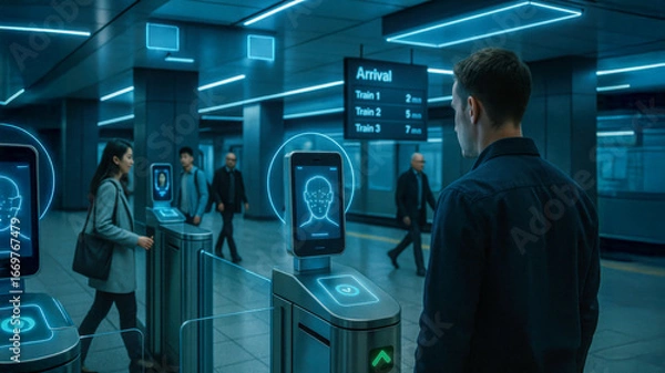 Fototapeta Futuristic metro station with face recognition technology, digital security control system, modern public transport infrastructure, urban innovation and passenger identification network