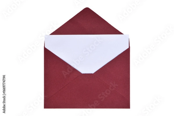 Fototapeta Opened red paper envelope with paper sheet isolated on white background