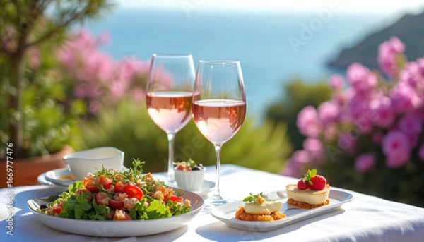 Obraz Two glasses of rose wine set on table with fresh salad, two small desserts. Outdoor patio setting features blooming pink flowers, blurred ocean view, creating romantic, luxurious atmosphere for