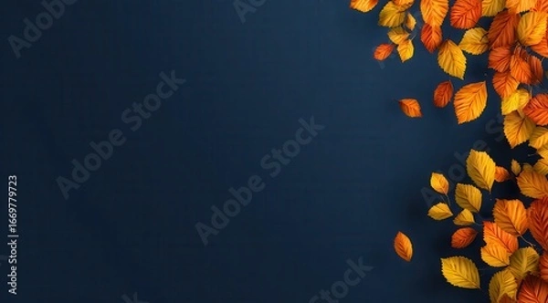 Fototapeta Autumn leaves in vibrant shades of orange and yellow falling against a dark navy blue background with copy space