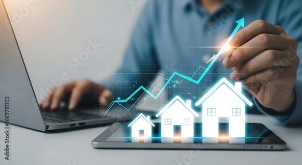 Fototapeta Businessman analyzing real estate market growth with chart and house icon
