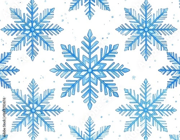 Fototapeta Watercolor-style blue snowflakes on white background;  subtle sparkle effect