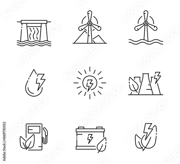 Fototapeta Set of Renewable energy icon, Green energy or Green electricity, Dams, wind turbines, nuclear power Symbol Outline icon, Editable Stroke