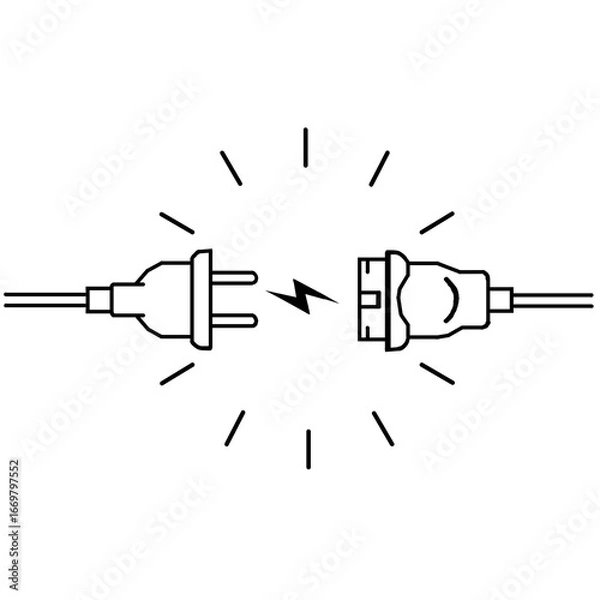 Fototapeta This is a pixel design illustrating a plug and socket symbolizing a broken electric circuit, current disconnection, and power interruption in a simple, minimal style.