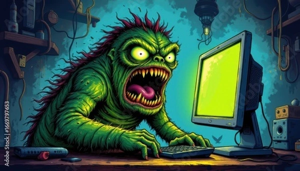 Obraz technophobic illustration create a striking image of a monster in shock, reacting to the content on a puter screen, the fear of technology is evident in its expression