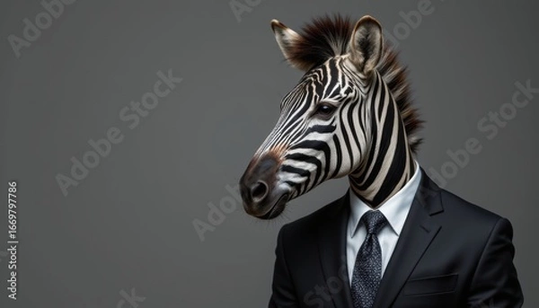 Obraz create a portrait of a zebra wearing a formal business suit, positioned to the left with ample copy space to the right