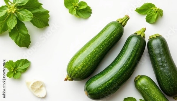 Obraz create a photo featuring zucchinis on a white background with the subject located on the left side of the image and ample copy space on the right side for text overlay