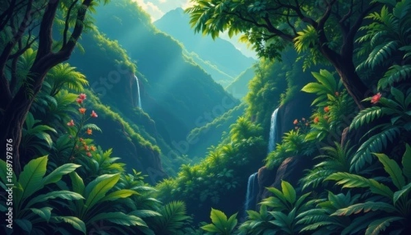 Obraz create a captivating illustration of a lush tropical rainforest in its deep jungle setting, the subject should be prominently positioned on the left side of the image