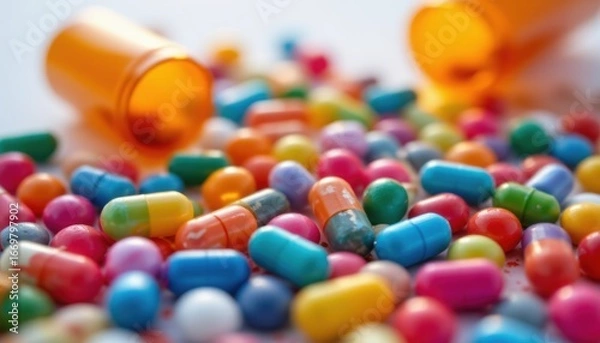 Obraz subject: colorful capsule pills medicament and pharmacology theme position: under bright dawnthis image depicts a collection of vibrant
