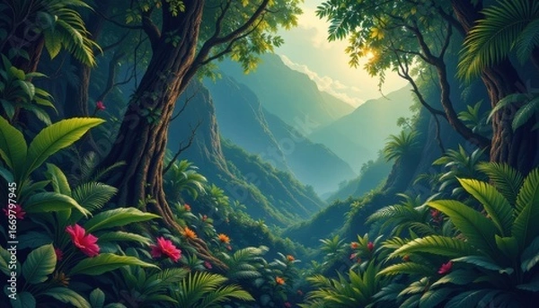 Obraz create a captivating illustration of a lush tropical rainforest in its deep jungle setting, the subject should be prominently positioned on the left side of the image