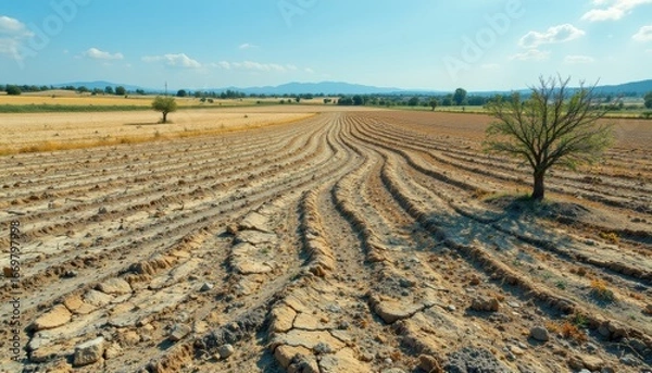 Obraz create a countryside landscape image featuring a drought affected field, the subject should be positioned on the right side of the position