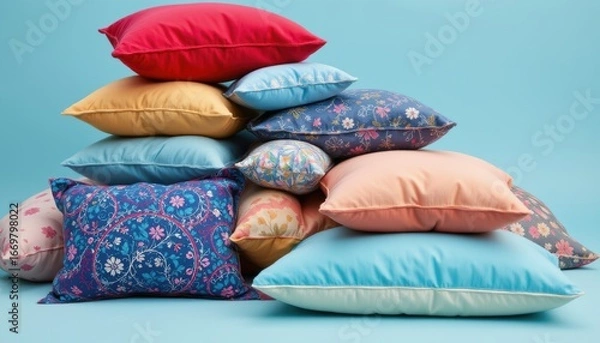 Obraz create a retro style image featuring a pile of pillows in various shapes and sizes, set against an icy blue background