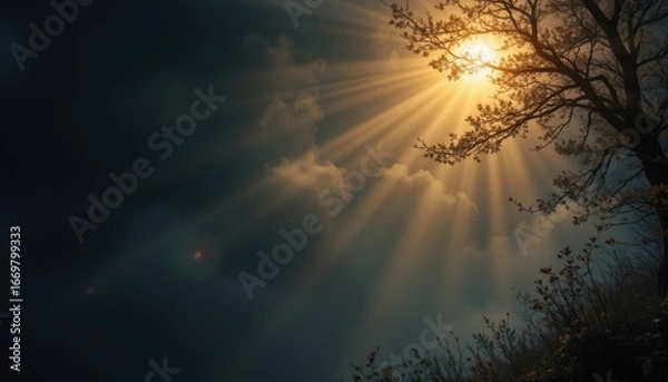 Obraz enchanted and misty dark mood under midday sun subject: top right with ample copy space at the bottom, optimized for photo use.