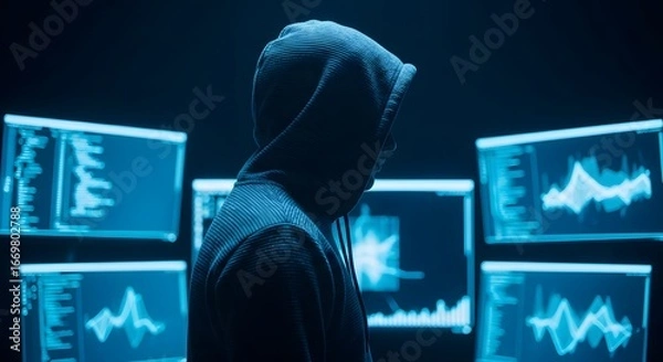 Obraz Cybersecurity expert analyzing data on multiple screens in a darkened room, protecting digital assets online