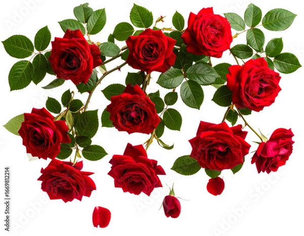 Obraz  Cascading Rose Bush Branch with Curved Stems and Petals, Top-Down Angle, isolated