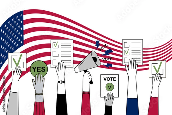 Fototapeta Illustration of hands holding a megaphone with the word VOTE and a hand holding a ballot, featuring words VOTE and YES on a white background with an American flag background. 