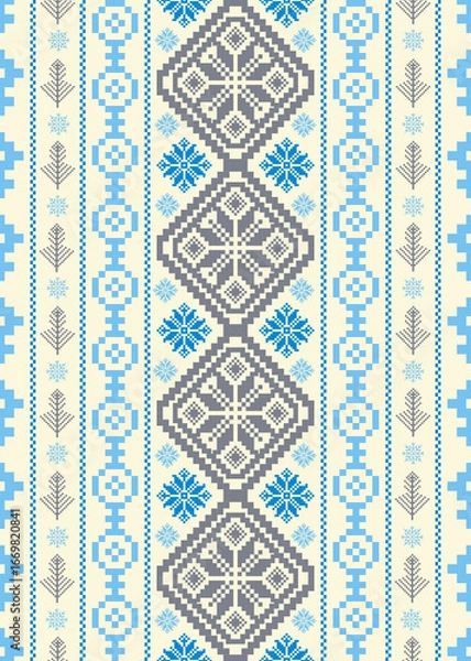 Fototapeta Traditional winter seamless pattern background. Illustration ornament with christmas trees snowflakes in Scandinavian and Nordic embroidery cross stitch style.