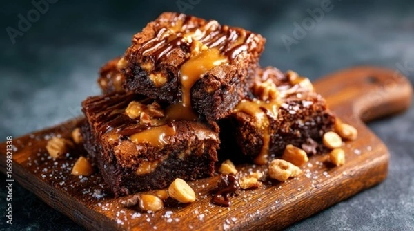 Fototapeta A delicious stack of brownies with rich chocolate, drizzled with caramel sauce and sprinkled with nuts, perfect for dessert lovers seeking indulgence in every bite.