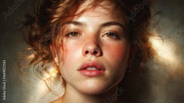 Fototapeta A captivating portrait of a woman with curly hair, glowing skin, and expressive eyes, capturing the raw beauty and emotion that radiates from her serene expression.