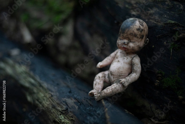Fototapeta A baby doll in the mud. It's a scary picture. A toy that makes a creepy impression.