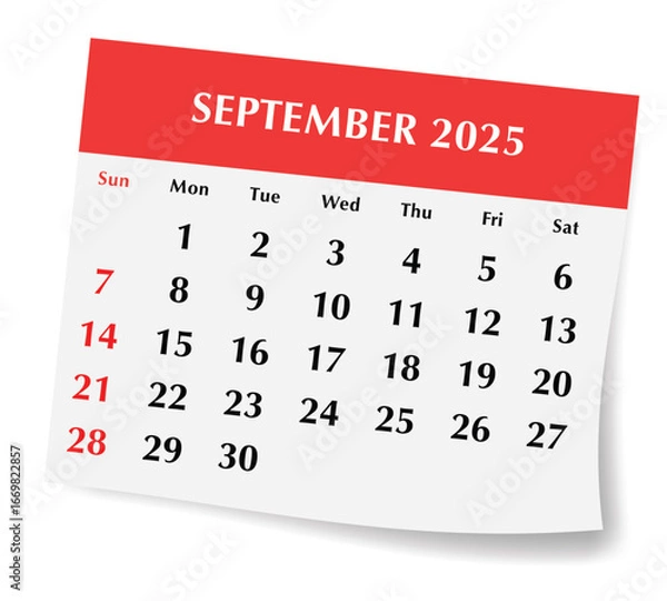 Fototapeta 2025 september English calendar. vector illustration of monthly paper page with shadow. Design with Sunday start