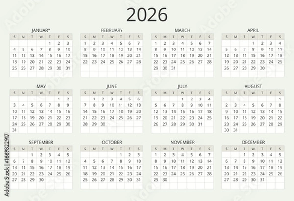 Fototapeta Year 2026 english modern vector calendar 12 months (week starts sunday)