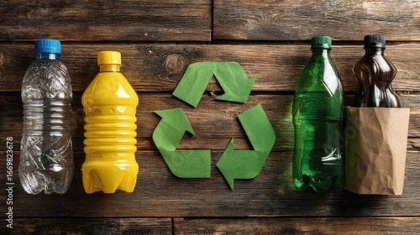 Fototapeta Recycling symbol and different garbage on wooden background, top view.